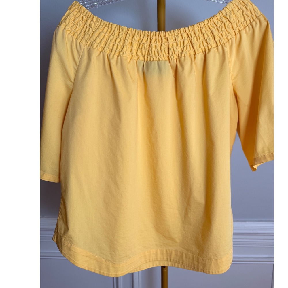 New York & Company Smocked Top Womens L Yellow Cotton Blend Off Shoulder - Picture 2 of 6